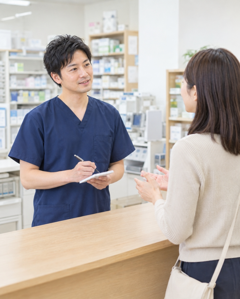 紺色のスクラブを着た薬剤師が、薬局のカウンターでメモを取りながら来局された方の相談に耳を傾ける場面