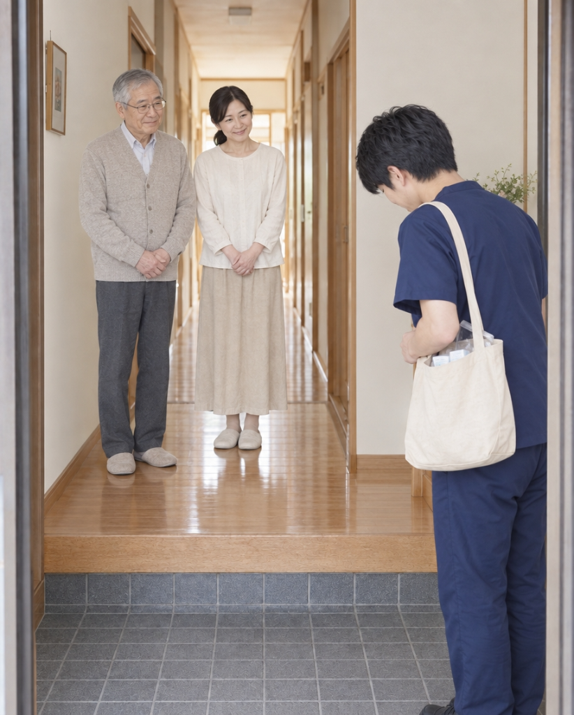紺色のスクラブを着た薬剤師が、ご自宅の玄関で患者さんとご家族にお辞儀をして挨拶する場面